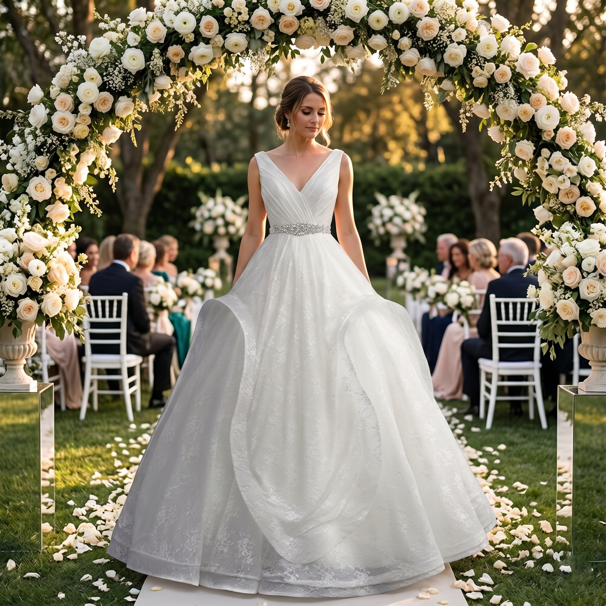 A bride stands under a lush floral archway at an outdoor ceremony, wearing an elegant ivory V-neck wedding dress with a sparkling waist detail.