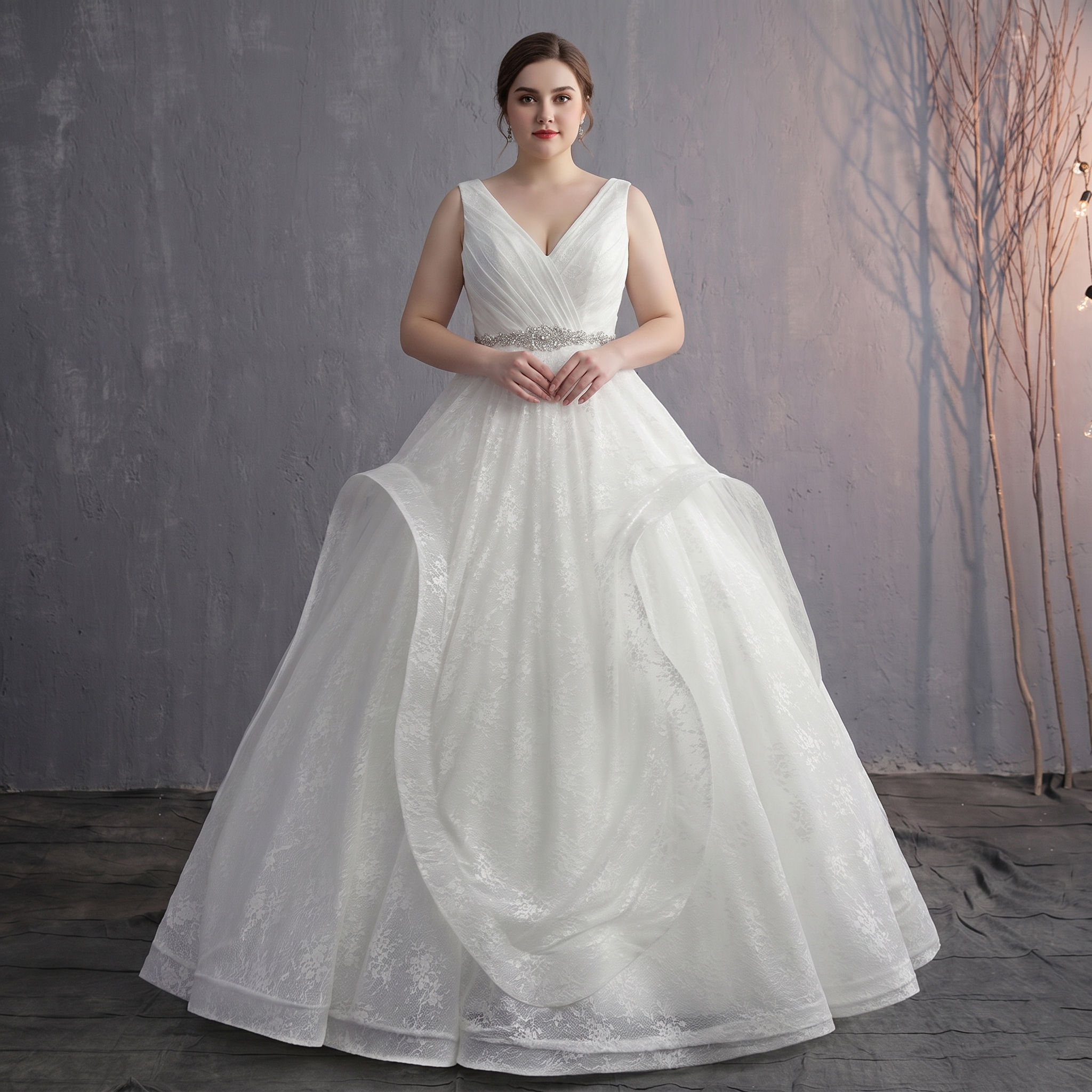 Front view of an ivory V-neck lace wedding dress on a model, featuring a fitted bodice and a textured, voluminous skirt.