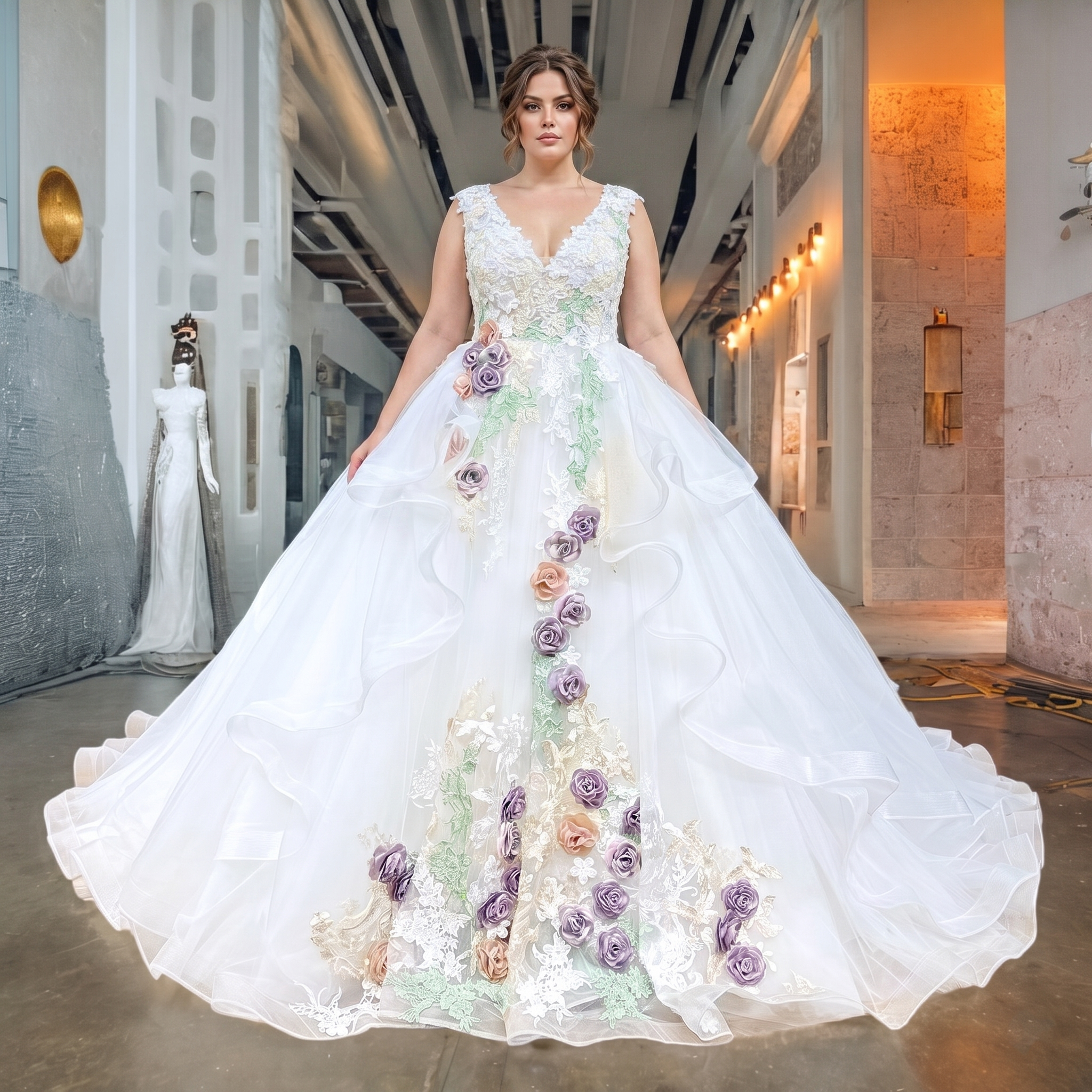 Plus-size bridal model in a modern gallery space showcasing an off-shoulder vintage ball gown wedding dress with a sophisticated luxury illusion back and timeless design.