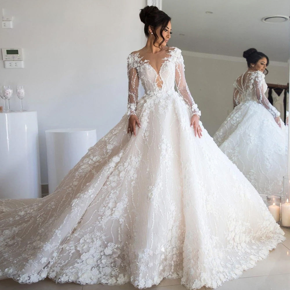 Vintage Bridal Gown Long Sleeve Lace Ball Gown Wedding Dresses Luxury – Elsi John