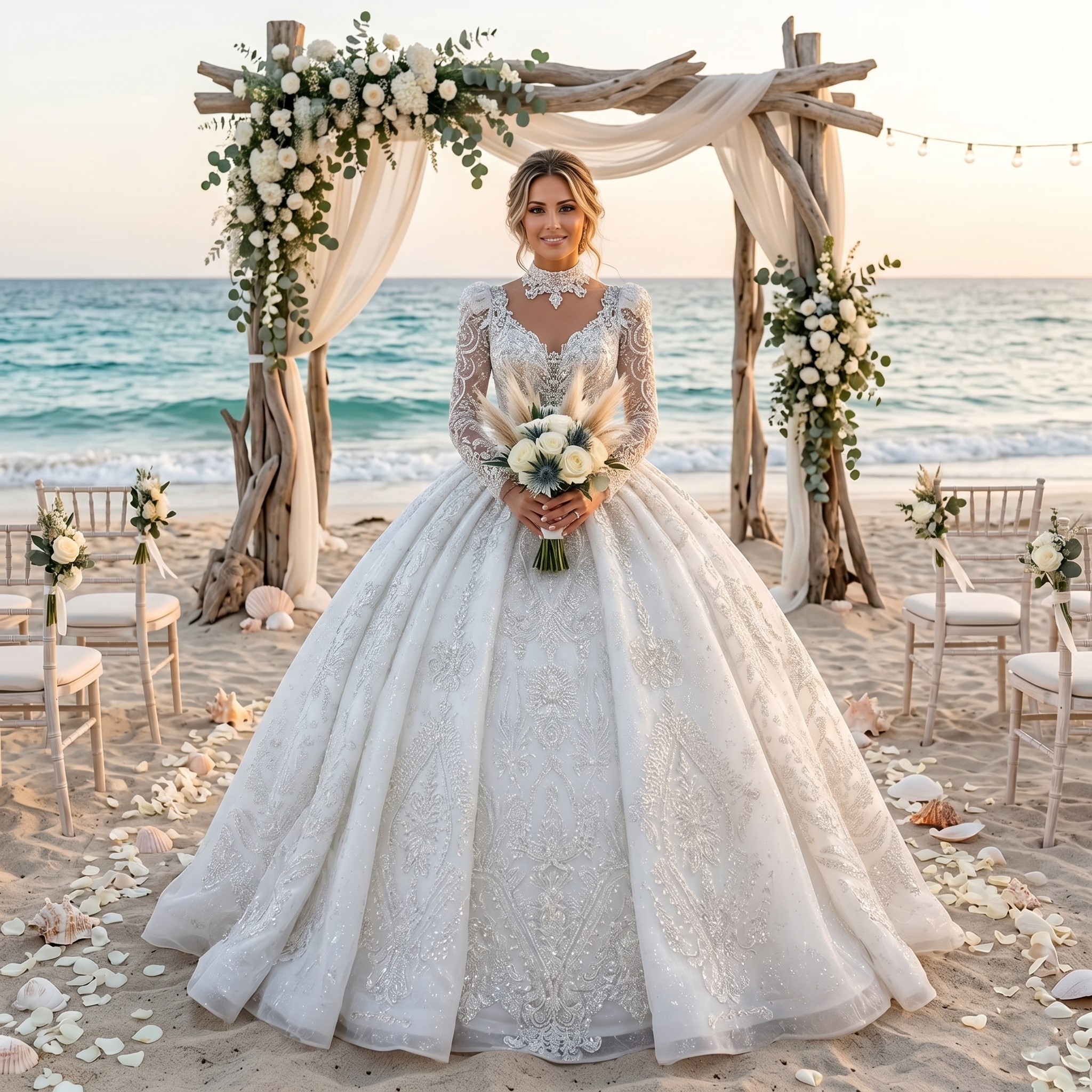 Bride wearing a vintage long sleeve glitter ball gown wedding dress with a high-neck lace collar at a beach wedding ceremony under a floral arch.