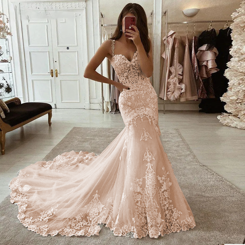 Vintage Ivory Mermaid Wedding Dress with Lace Appliques and Court Trai – Elsi John