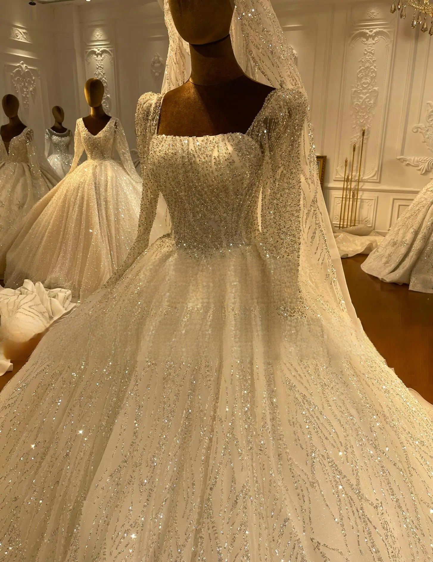 vintage sequin wedding dress Handmade Sequin Overlay Wedding Gown, Bishop Sleeve, V-neck