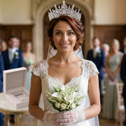 A bride wearing a vintage luxury royal crystal wedding crown and tiara, holding a bridal bouquet.