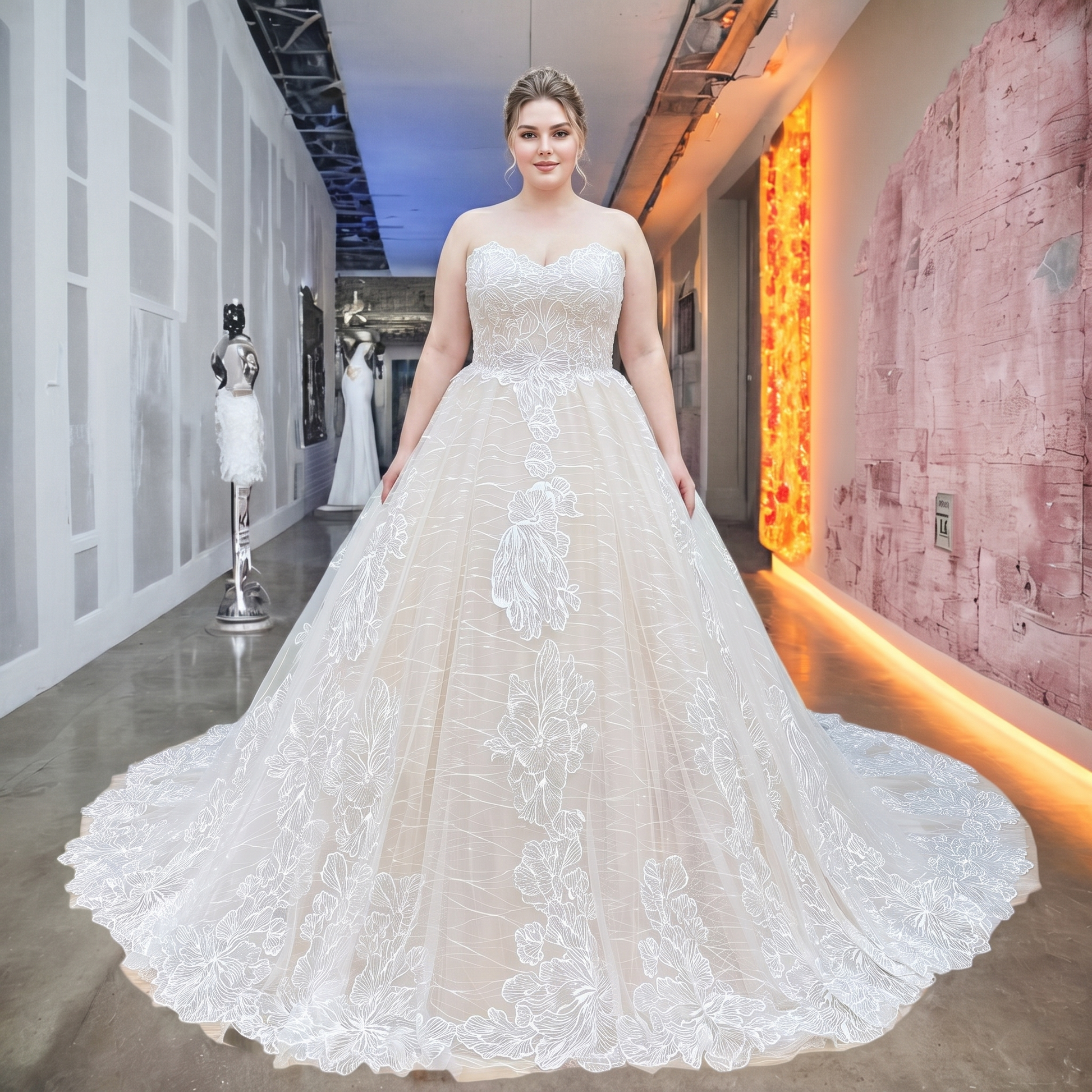 Plus-size bride showcasing a voluminous strapless sweetheart bridal dress featuring dense sequined embroidery and a grand cathedral-length tulle train.
