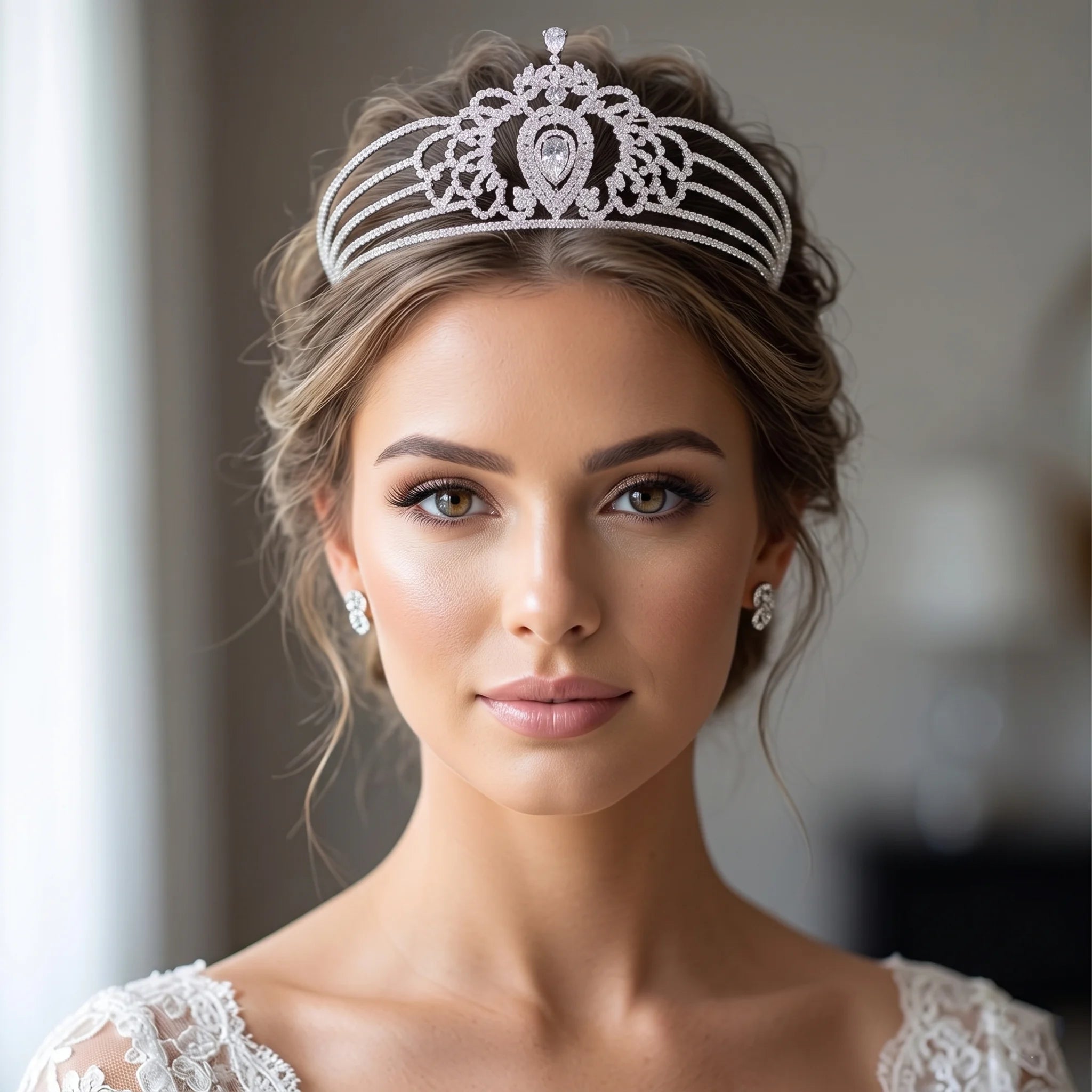 Symmetrical front portrait of a bride with an elegant updo hair design wearing a multi-row silver wedding headband diadem bridal crown with a central teardrop crystal.