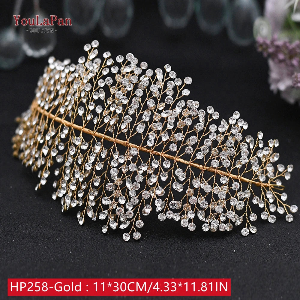 Detailed product view of the P258 gold option bridal hair band, featuring dense, delicate wire-wrapped crystal branches measuring 11 by 30 centimeters.