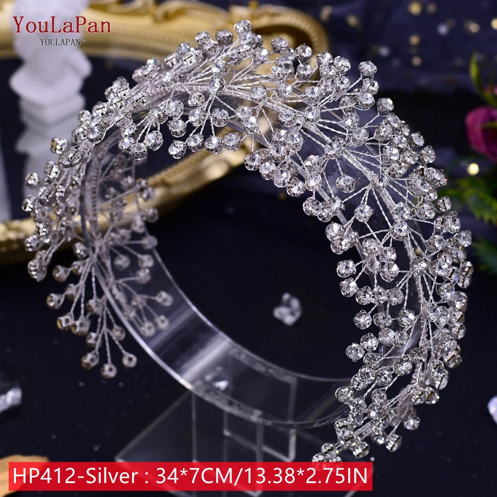 Detailed view of the HP412 silver wedding tiara headband, featuring a tight mesh of branching rhinestone sprigs measuring 34 by 7 centimeters.