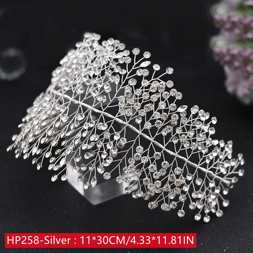 Detailed product shot of the HP258 silver wedding headwear headband, highlighting a high-density matrix of rhinestone sprigs measuring 11 by 30 centimeters.