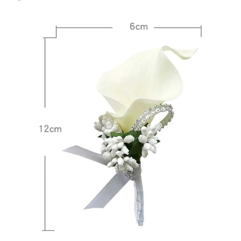 Handmade artificial white calla lily wedding boutonniere or corsage, measuring 12cm by 6cm, with crystal and pearl accents.