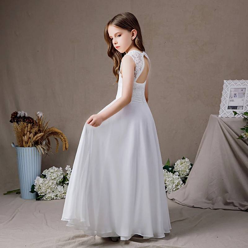 White Chiffon Lace Sleeveless Junior Bridesmaid Dress for Wedding Part
