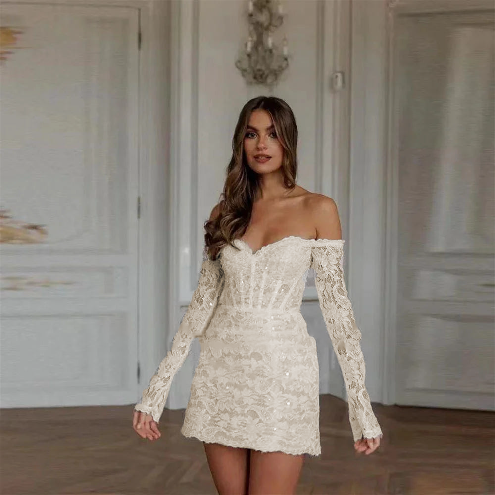 White Sparkle Mini Skirt Wedding Dress Shiny Lace Sweetheart Party Gow – Elsi John
