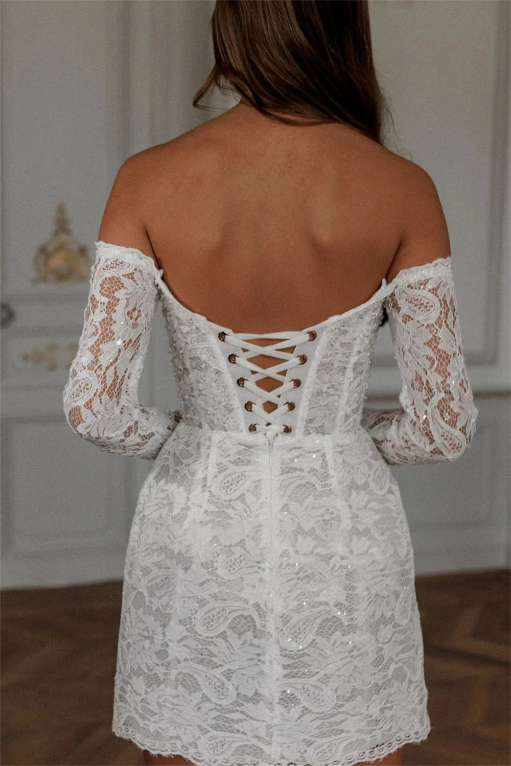 White Sparkle Mini Skirt Wedding Dress Shiny Lace Sweetheart Party Gow – Elsi John