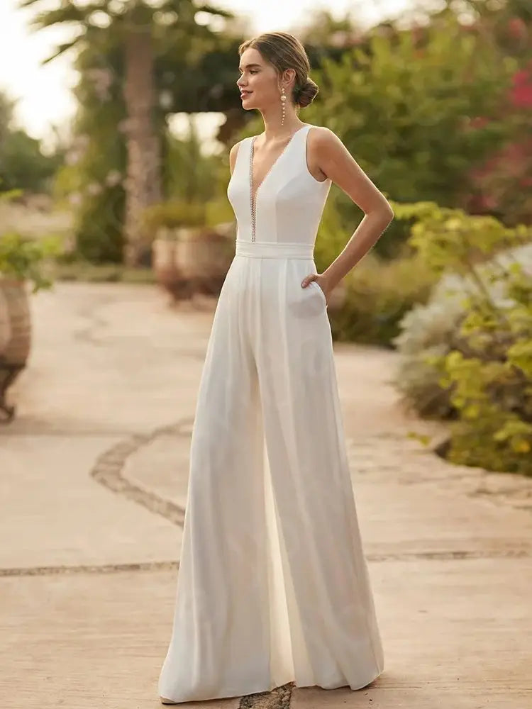 White Two-Piece V Neck Wedding Dress with Half Sleeves Boho Jumpsuit – Elsi John