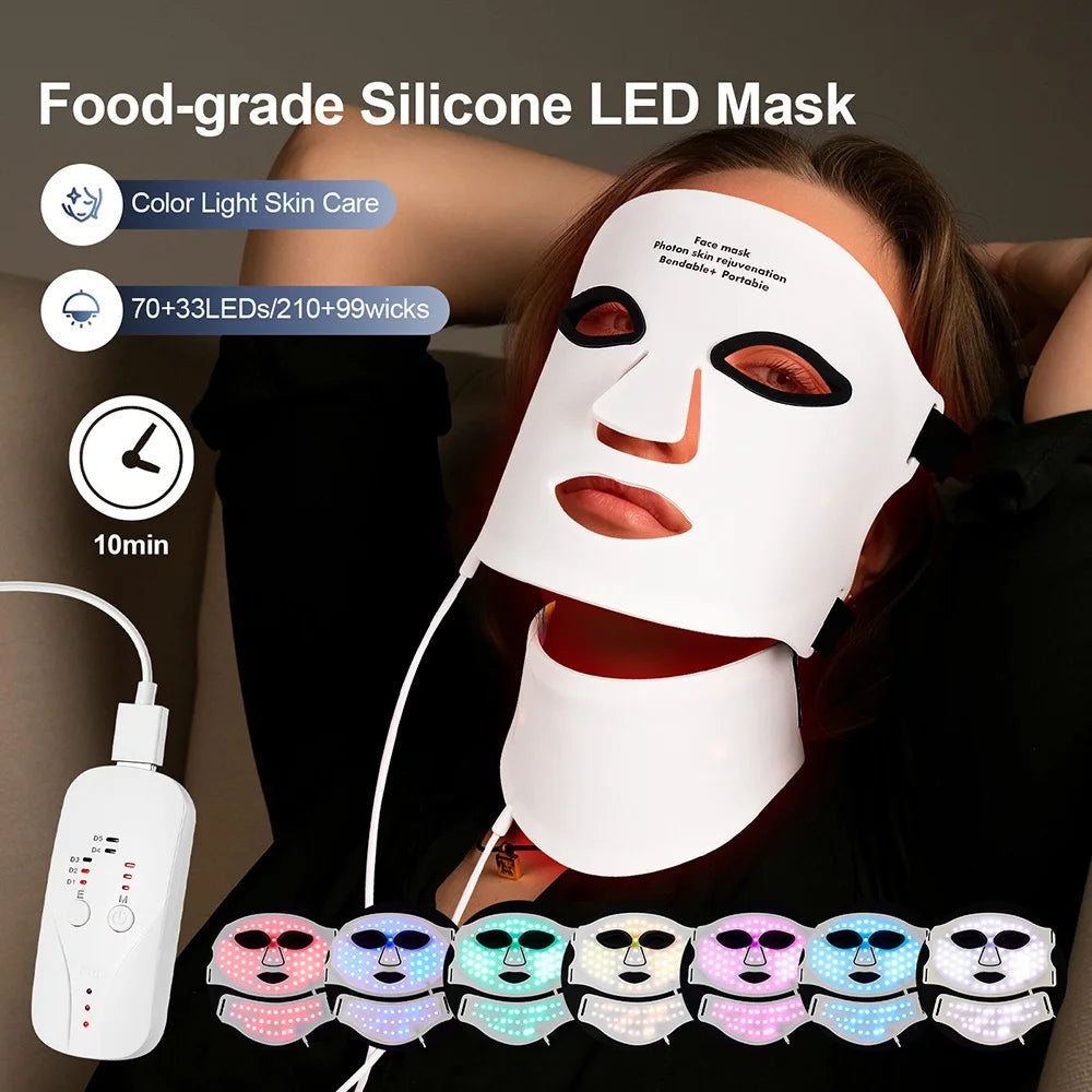 Wireless 7 Color Silicone LED Face and Neck Photon Therapy Mask