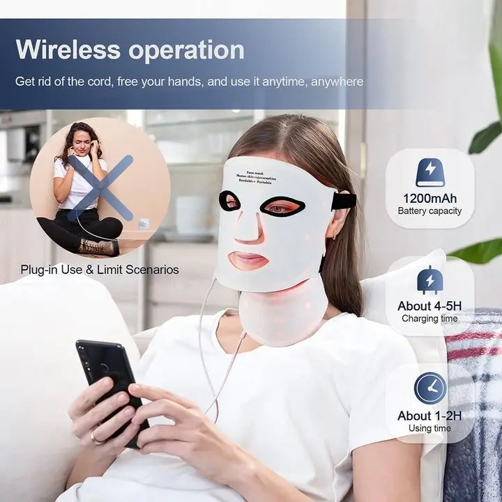 Wireless 7 Color Silicone LED Face and Neck Photon Therapy Mask
