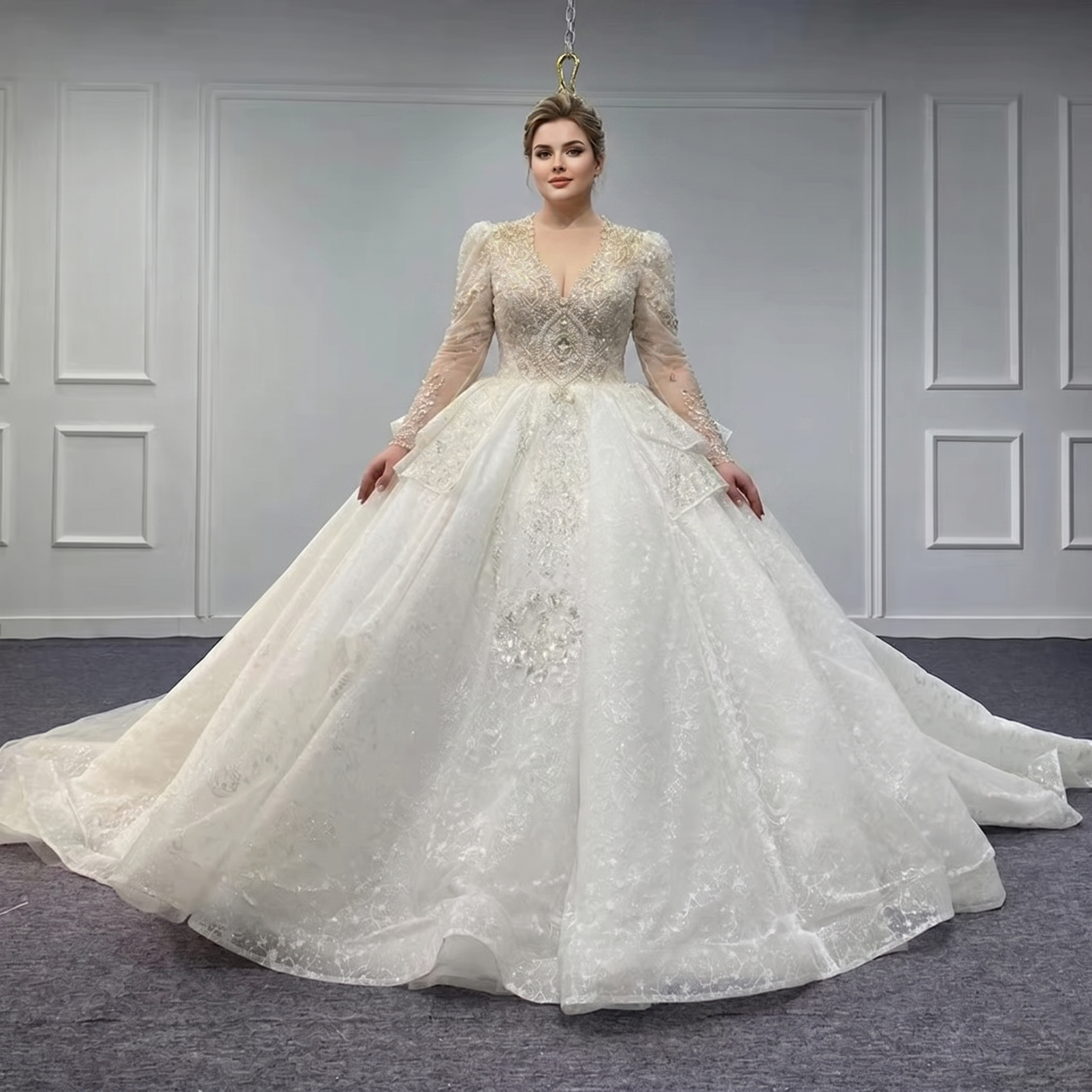 Rear view of a novelty organza bridal gown showing the adjustable lace-up corset back, full sheer sleeves with beading, and shimmering fabric on a mannequin.