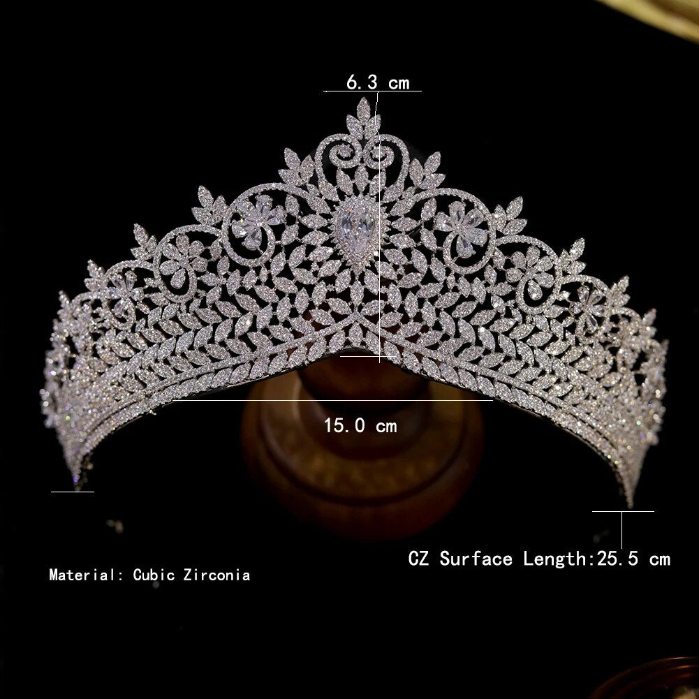 Sizing and measurement specification diagram for a silver cubic zirconia bridal crown diadem on a black background.