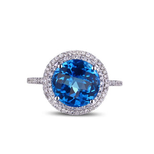 Flawless 4.8CT Blue Topaz Gemstone Diamond 14K White Gold Ring