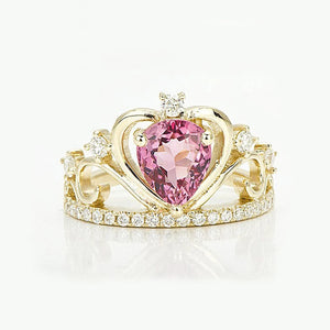 Classic Pink Tourmaline Diamond 14ct Yellow Gold Crown Ring