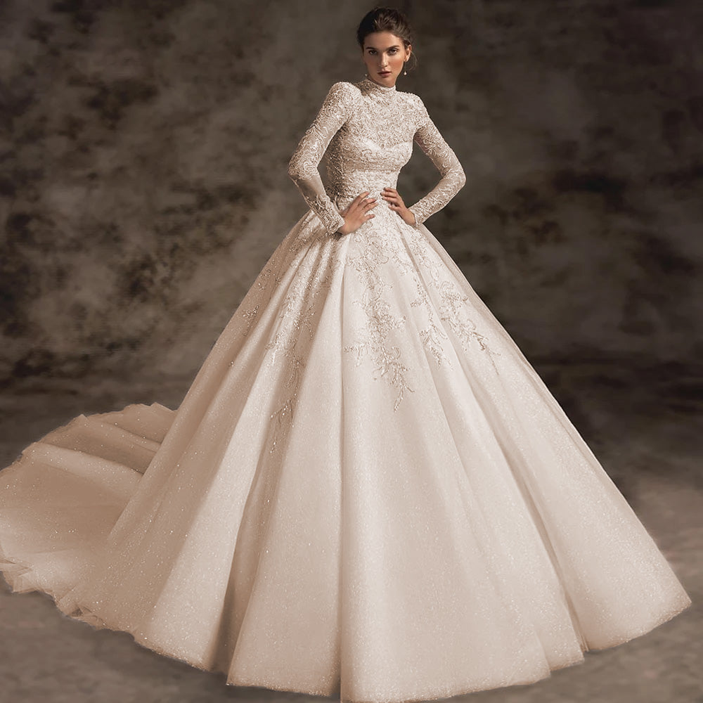 Exquisite Appliques Beaded Lace Vintage A-Line Wedding Dress Luxury High Neck Long Sleeve Court Train - Champagne / 2 Exquisite Appliques Beaded Lace Vintage A-Line Wedding Dress Luxury High Neck Long Sleeve Court Train - Champagne / 2