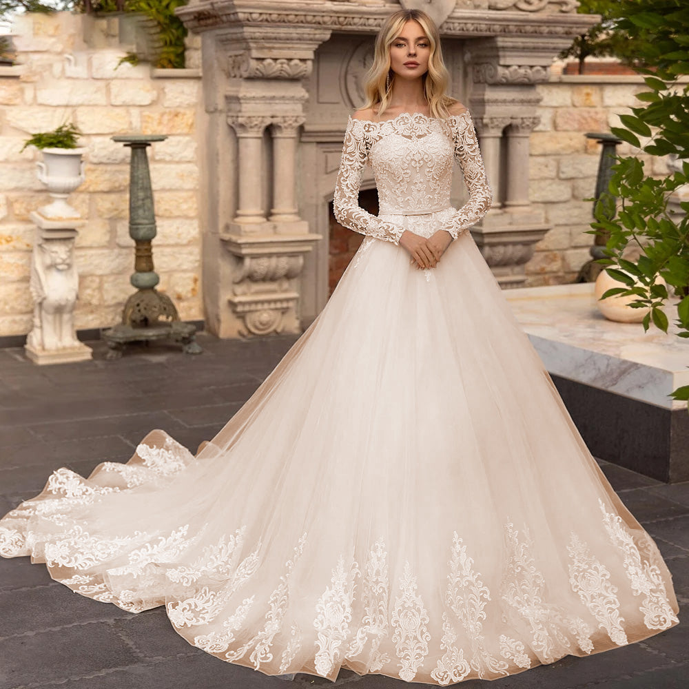 Sexy Vintage Lace Boat Neck A-Line Bridal Gown with Beaded Belt