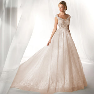 Sexy A-Line Illusion Cap Sleeve Lace Princess Wedding Dress Luxury Court Train Vintage Bridal Gowns