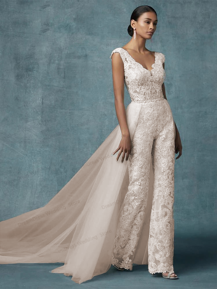 Jumpsuit Wedding Dress With Detachable Train Bride Pants Suit Lace Bri Elsi John