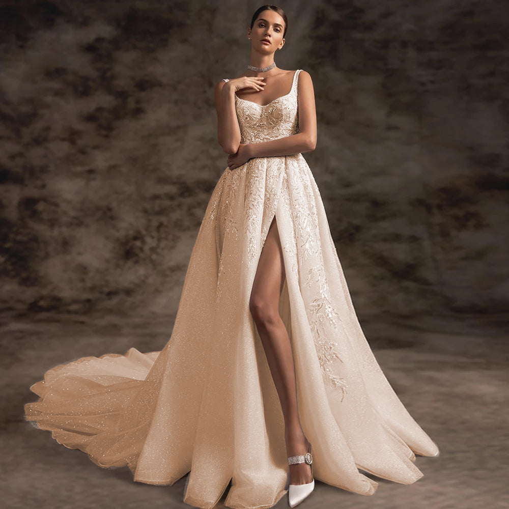 Sexy Slit A-Line Vintage Wedding Dress Luxury Spaghetti Straps Backles Elsi John Sexy Slit A-Line Vintage Wedding Dress Luxury Spaghetti Straps Backles Elsi John