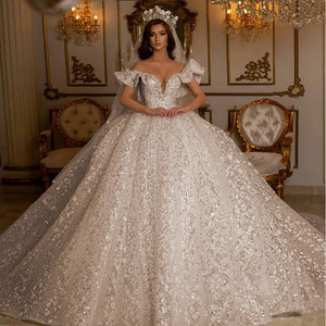 Elegant Sequins Super Shiny Ball Gown Wedding Dress Short Sleeve Sweetheart Neck