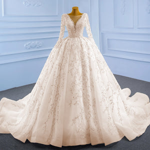 Beading Pearls Vintage Ball Gown Wedding Dress Long Sleeve Gorgeous Bridal Gown