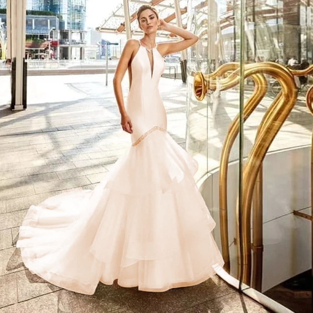 Satin Mermaid Wedding Dress Simple Vestido de Noiva Sereia Backless Se Elsi John Satin Mermaid Wedding Dress Simple Vestido de Noiva Sereia Backless Se Elsi John