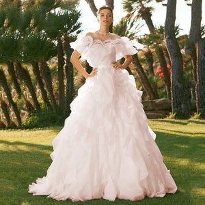 Exquisite Ball Gown Wedding Dress Pleat Tiered Organza Cap Sleeves Bridal Gown