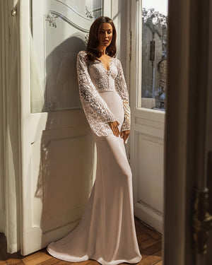 Long Sleeve Beading Sequins Lace Soft Italy Satin Mermaid Wedding Dress