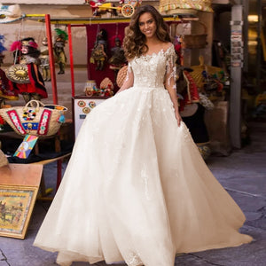 Royal White Luxury Beach Wedding Dress long Sleeve See Through Back Bridal Gown