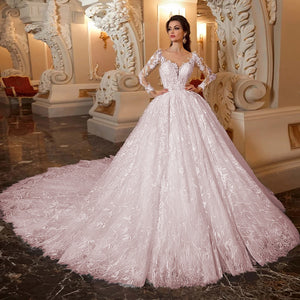 Lace Ball Gown Wedding Dress Long Sleeve Gorgeous Novia Illusion Luxury Bridal Gown