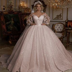 O-Neck Lace Up Back Long Sleeve Shiny Beading Princess Ball Gown Wedding Dress