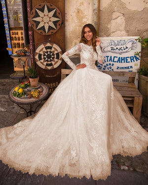 A-Line Boho Wedding Dress Elegant Long Sleeve Lace Bridal Gown