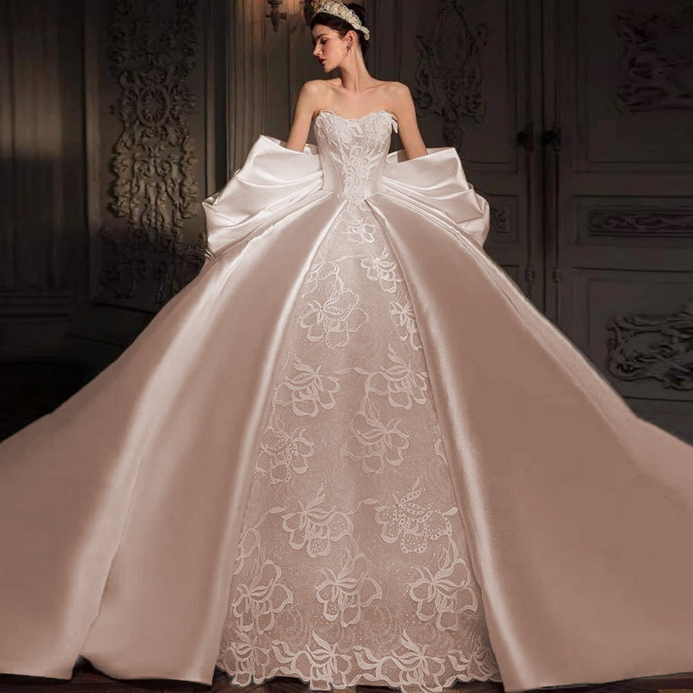 Sweetheart Neck Satin Wedding Dress with Big Bow Exquisite Bridal Dres Elsi John Sweetheart Neck Satin Wedding Dress with Big Bow Exquisite Bridal Dres Elsi John