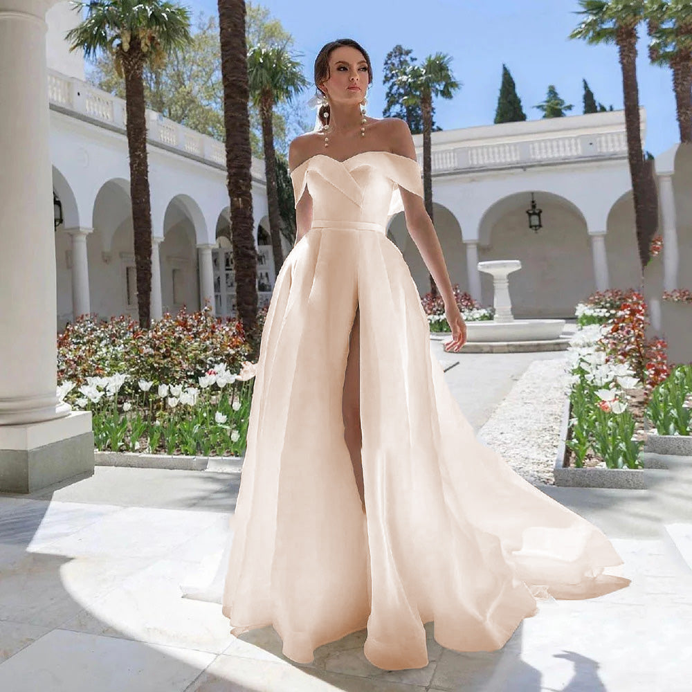 White Organza A-Line Wedding Bridal Gowns Off The Shoulder High Slit B Elsi John White Organza A-Line Wedding Bridal Gowns Off The Shoulder High Slit B Elsi John