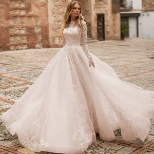 Long Sleeve Lace Vintage Wedding Dresses Luxury Scoop Neck A-Line Bride Gown