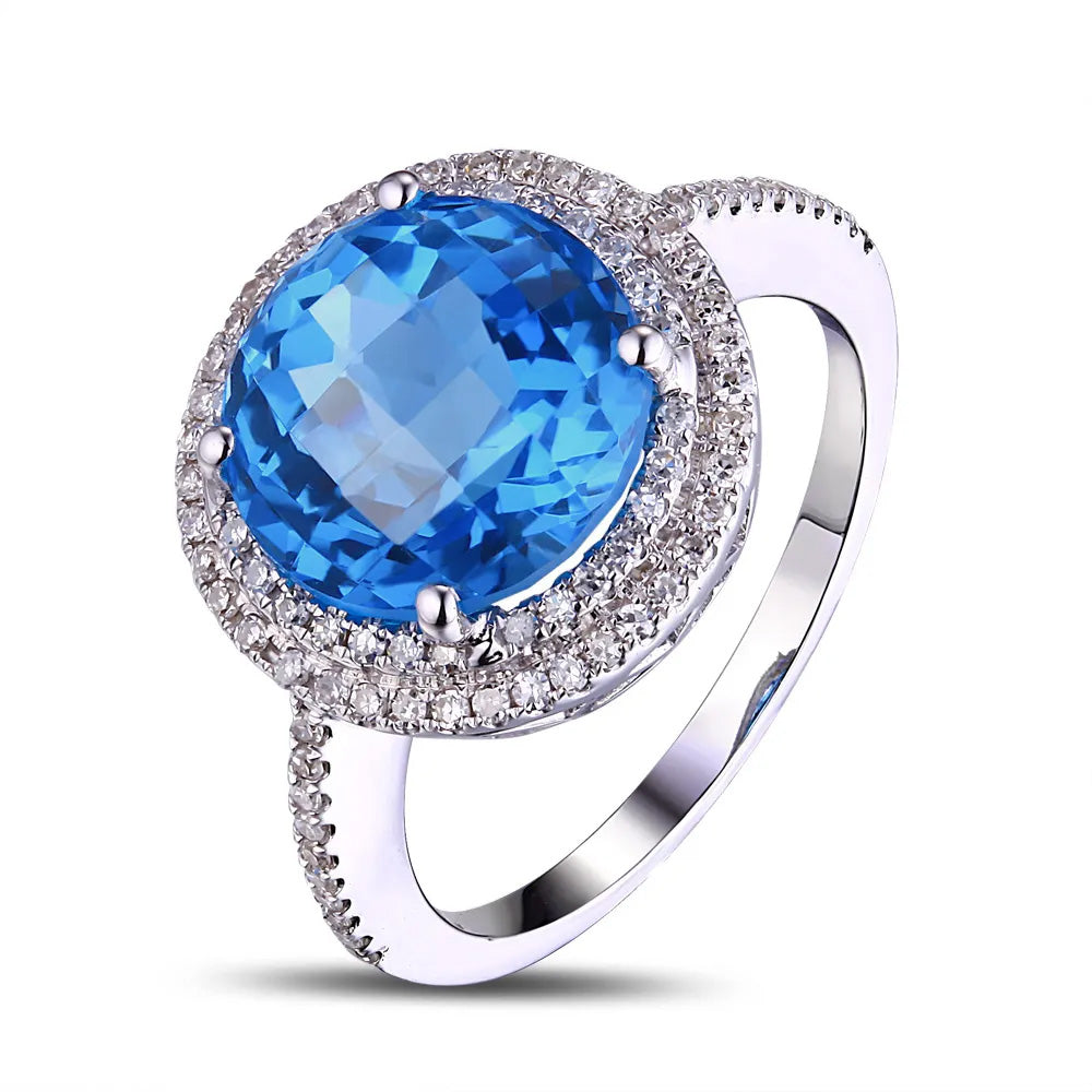 Flawless 4.8CT Blue Topaz Gemstone Diamond 14K White Gold Ring