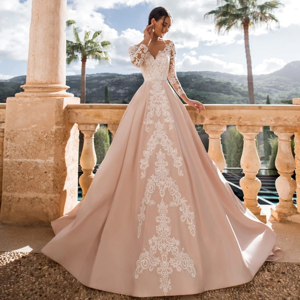 Long Sleeve A-Line Sexy Backless Satin Vintage Wedding Dress Luxury Appliques Beaded Court Train