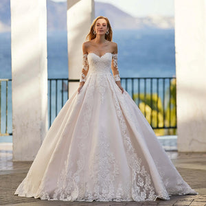 Sexy Sweetheart A-Line Long Sleeve Lace Vintage Wedding Dress Luxury Sweep Train Bride Gown