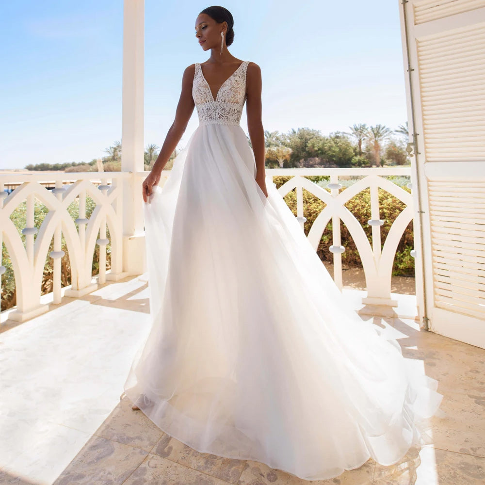 Open Back Wedding Dresses,V-neck Cap Sleeves Sweep Train Bridal