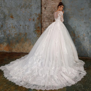Sexy Illusion Long Sleeve Lace A-Line Wedding Dress Luxury Scoop Neck Appliques Court Train