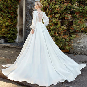 Long Sleeve Matte Satin Button Princess A-Line Wedding Dress Luxury Sweep Train Vintage Bridal Gown