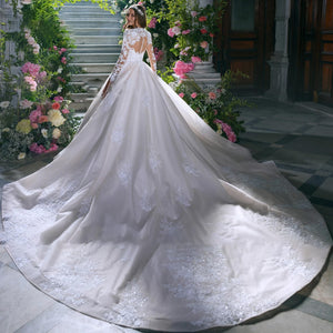 A-Line Elegant Princess Wedding Dresses High Neck Long Sleeve Romantic Bridal Gown