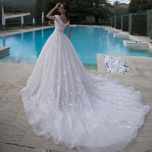 Sexy Illusion Boat Neck Tassel Sleeve A-Line Wedding Dresses Beaded Chapel Train Vintage Bridal Gown
