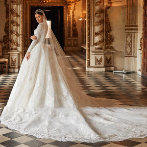 Luxury High Neck Long Sleeve A-Line Muslim Wedding Dresse Elegant Court Train Bridal Gown